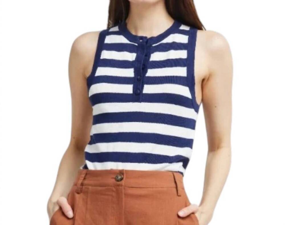 NEW SELF CONTRAST women's sleeveless henley top in navy/white